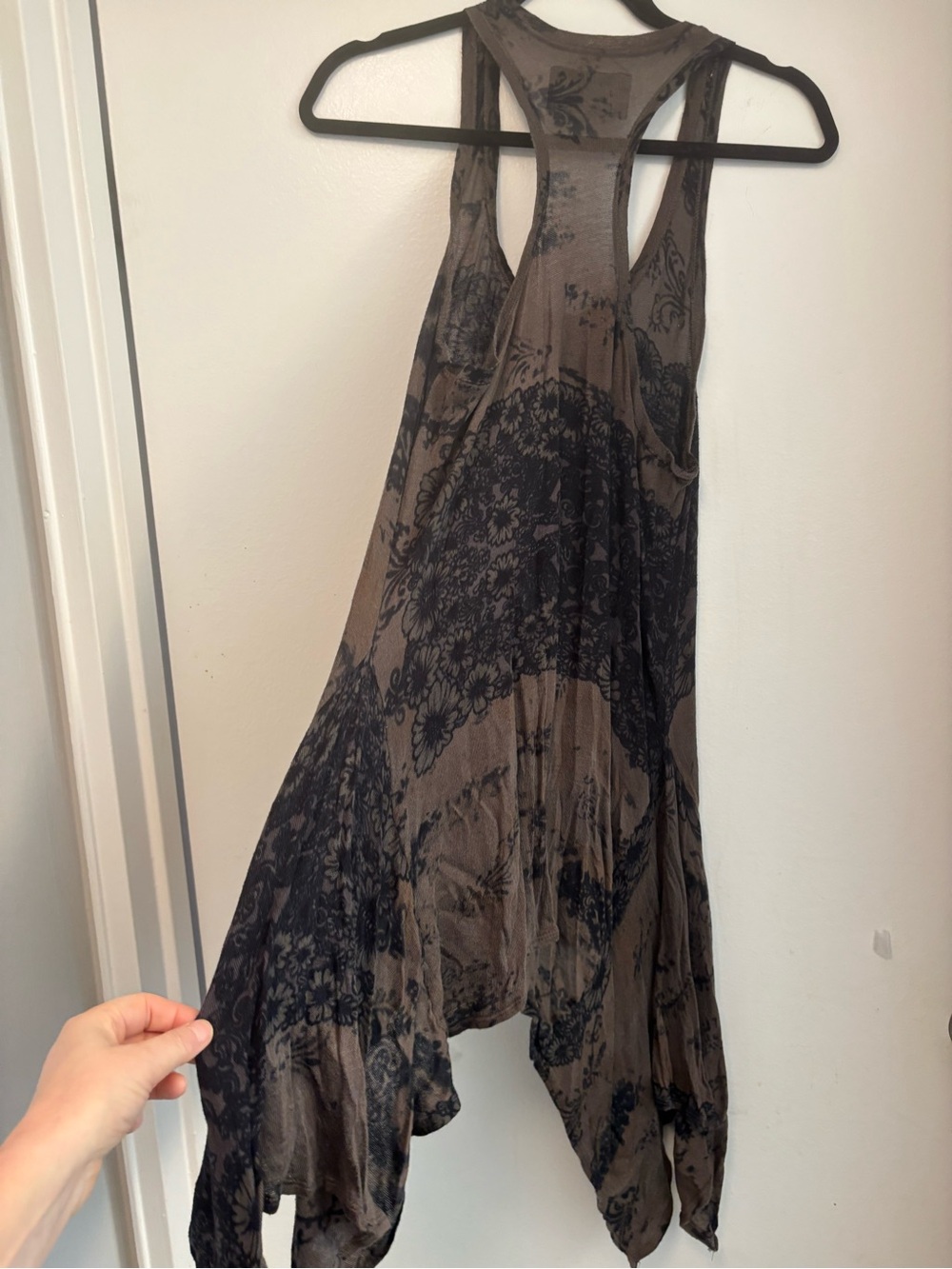 All Saints Brown Racerback Handkerchief-Hem Dress Black Floral Print w cardigan - Picture 2 of 9